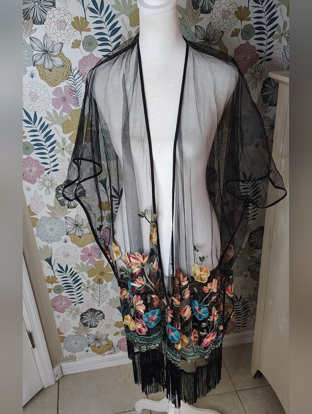 Haute Hippie  Sheer Embroidered Floral Fringe Swim Coverup Open Front Kimono - Picture 2 of 7